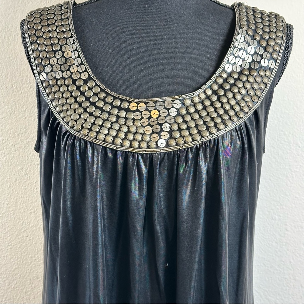 Vintage Lucca Black Stretch Shift Dress Large Metallic‎ Disc Collar Y2K Party - Picture 4 of 10